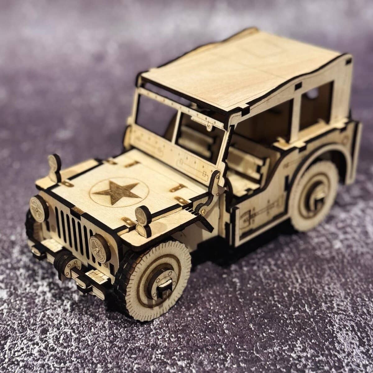 Laser-cut wooden model of a Jeep